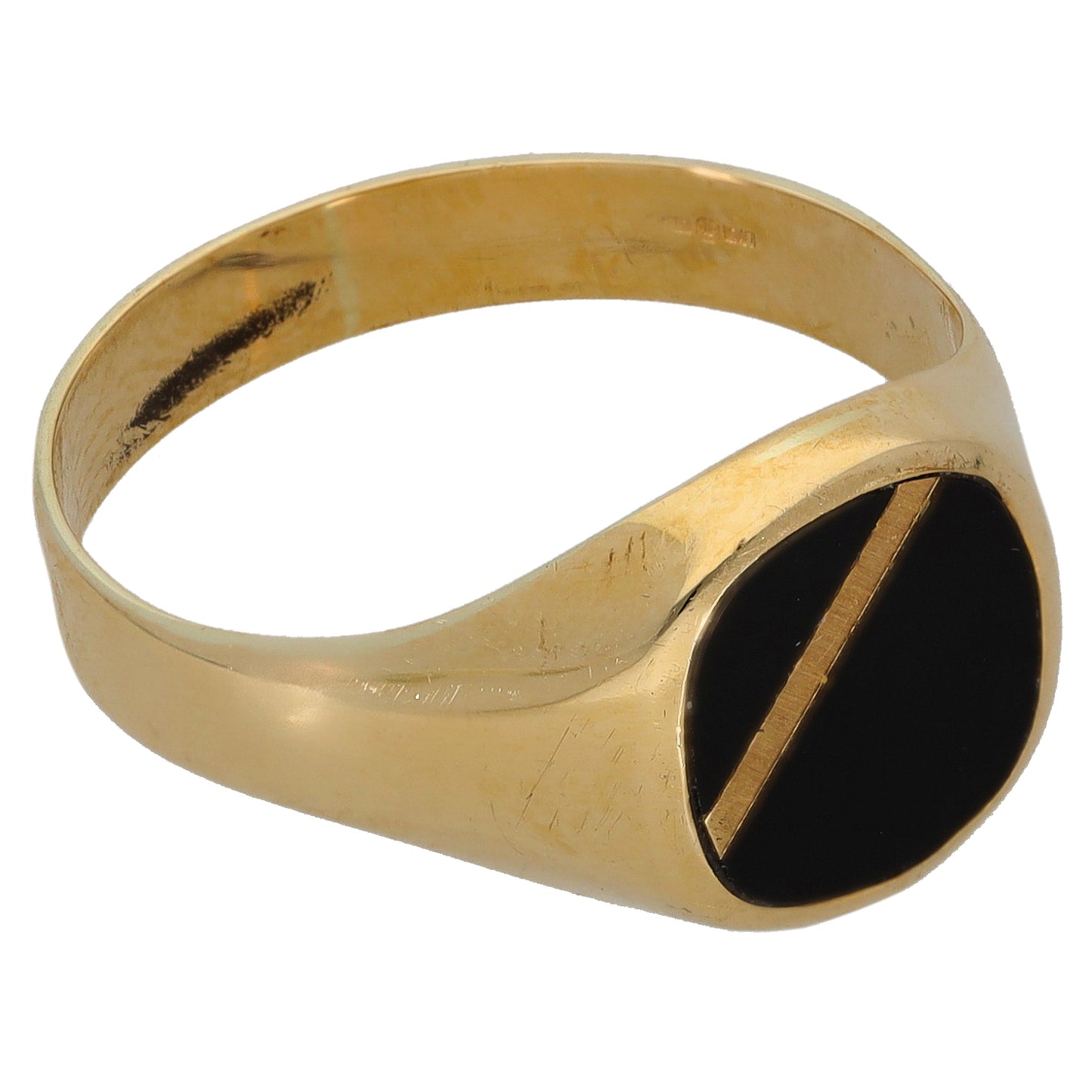 Gold signet ring with black onyx oval face and diagonal gold stripe detail