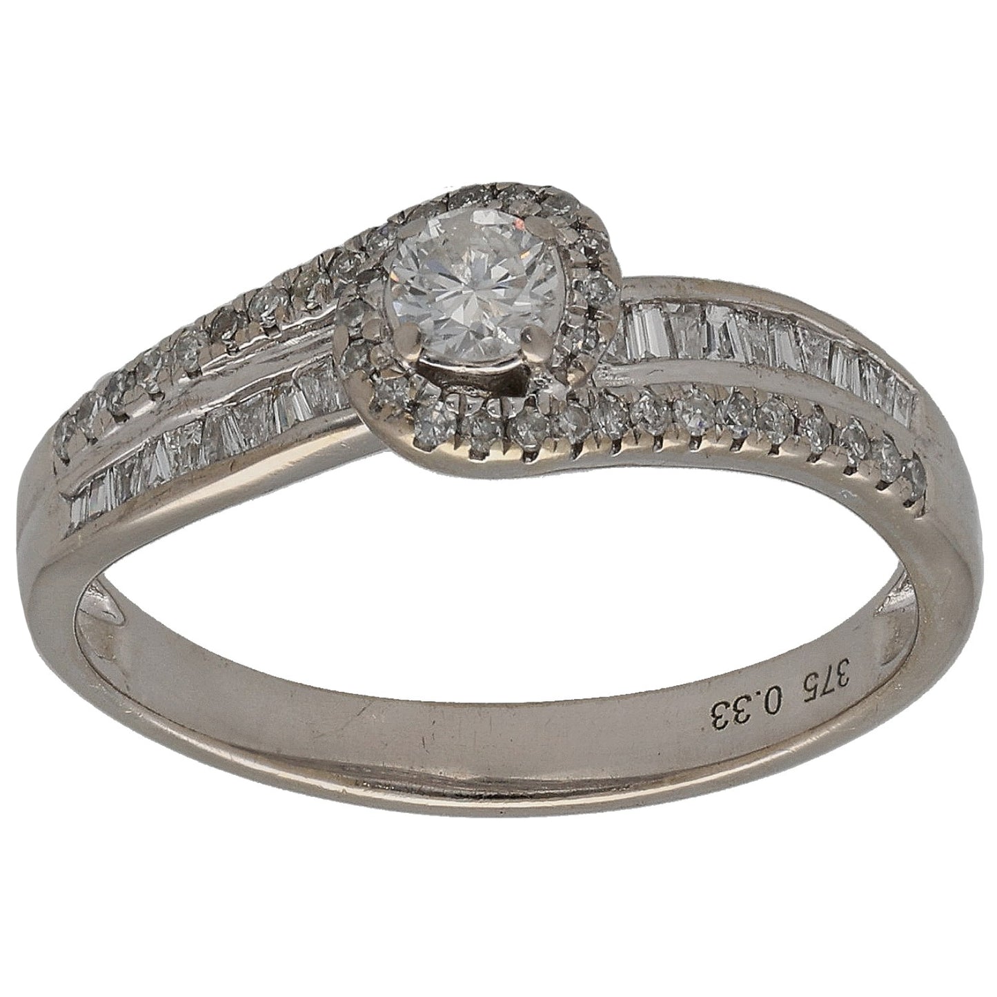 White gold diamond solitaire ring, round center stone with halo and baguette accents.