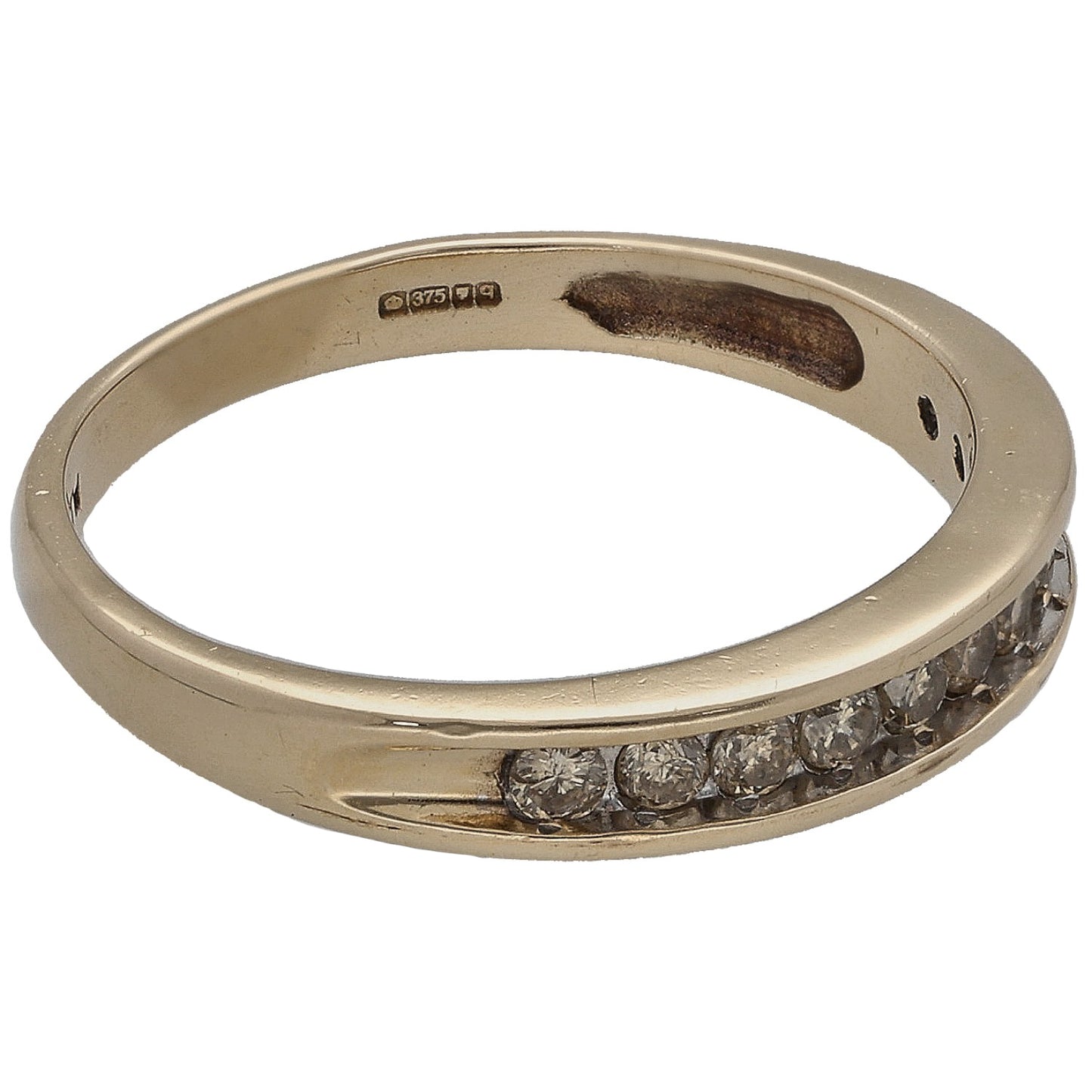 9ct gold half eternity ring with round diamonds and 375 hallmark inside band