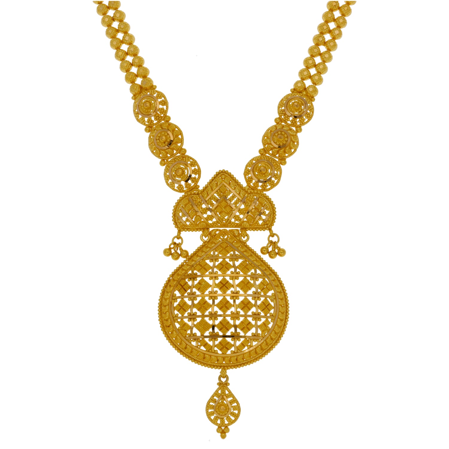 22ct gold fancy necklace with bead chain and ornate filigree teardrop pendant