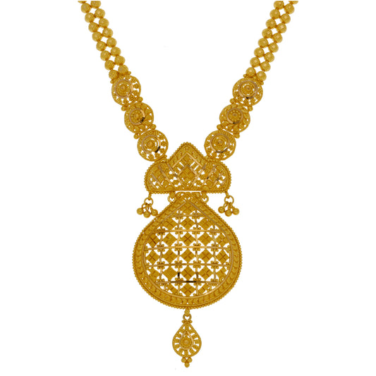 22ct gold fancy necklace with bead chain and ornate filigree teardrop pendant