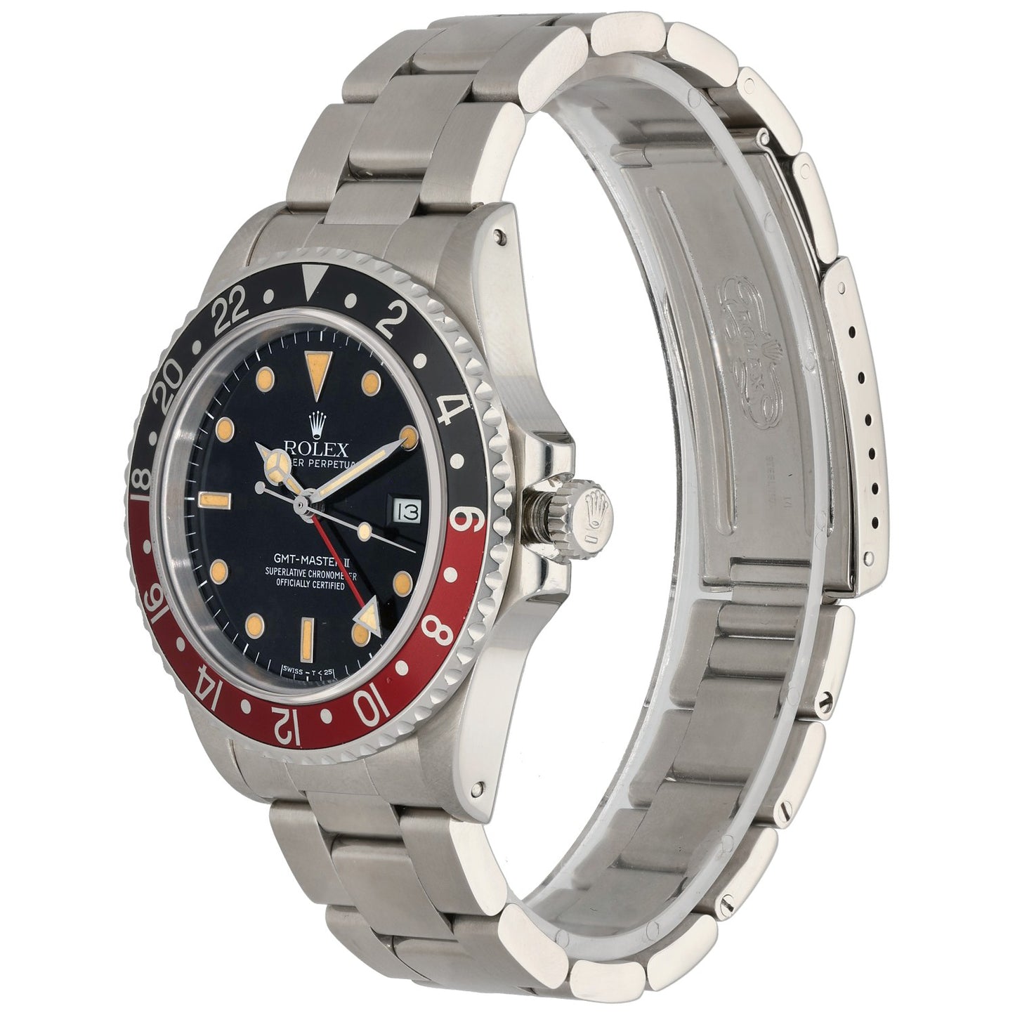 Rolex GMT Master II 16760 stainless steel watch, angled view, black dial and red-blue bezel