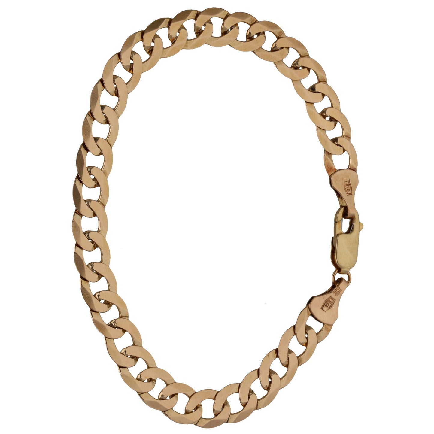 9ct gold curb link bracelet with rectangular clasp plate and small hallmark tag