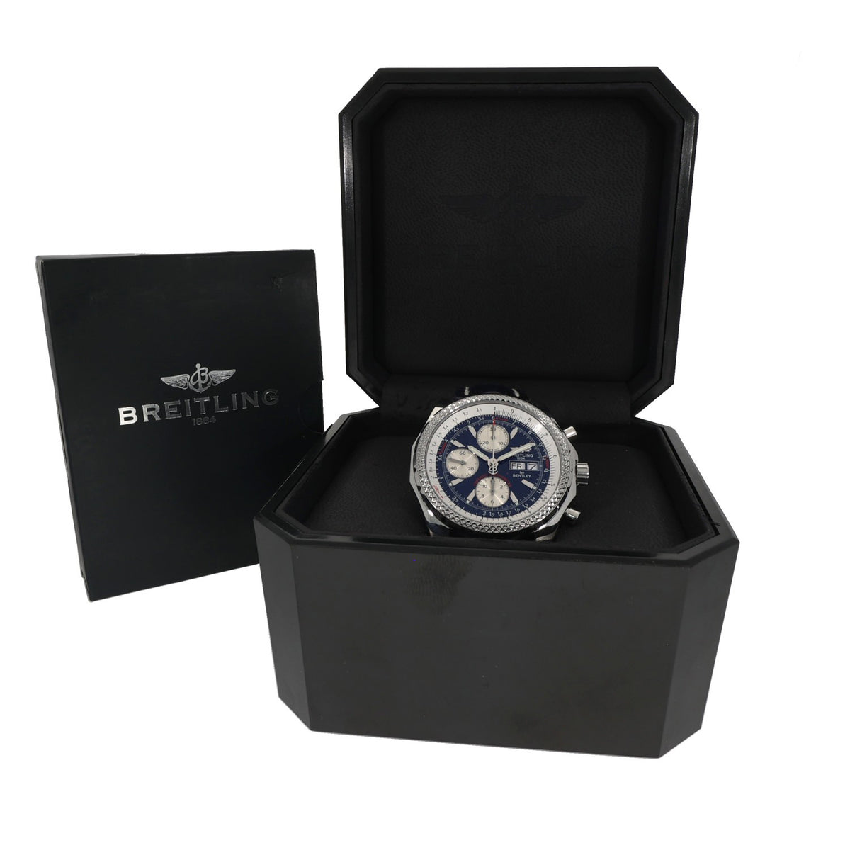 Breitling Bentley A13362 Luxury watch in open black box, blue dial chronograph with stainless steel case
