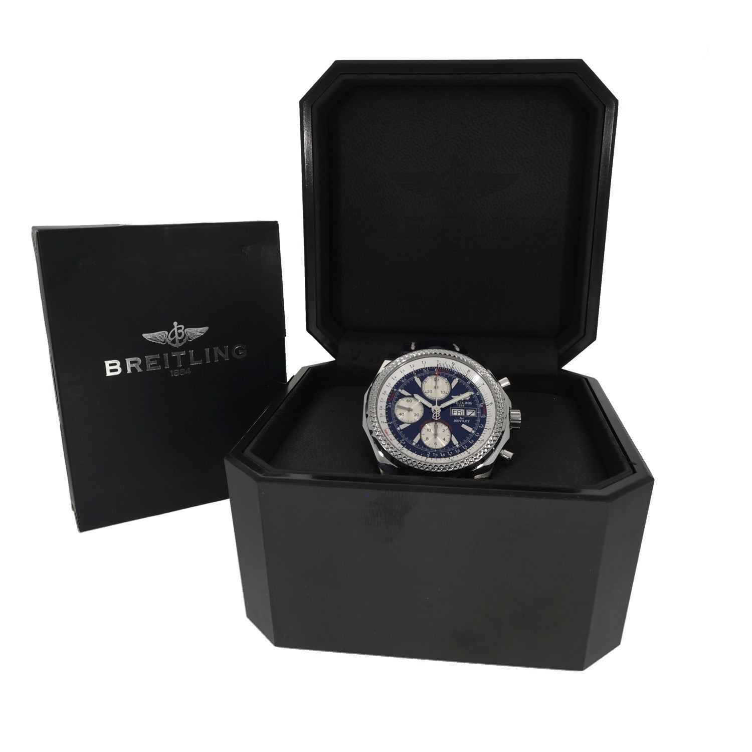 Breitling Bentley A13362 Luxury watch in open black box, blue dial chronograph with stainless steel case