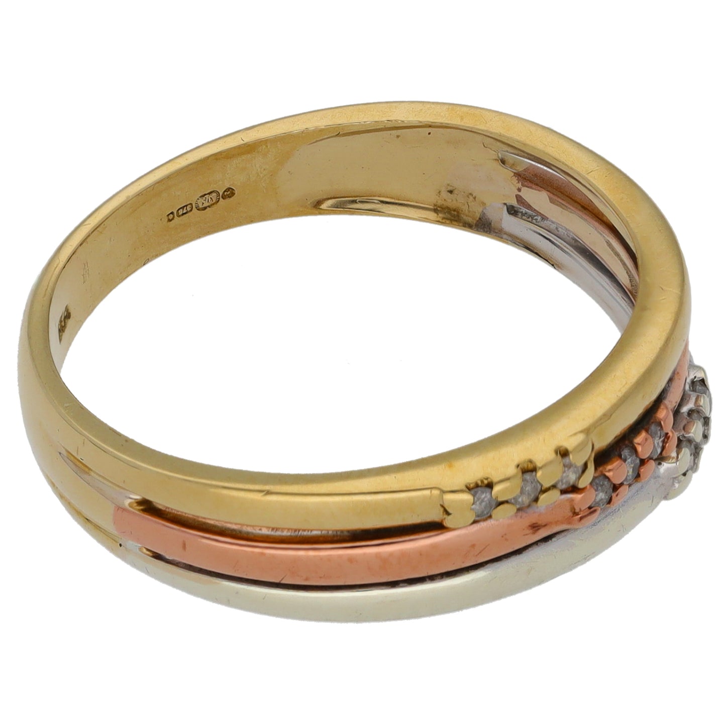 9ct Tricolour Gold 0.09ct Diamond Alternative Ring Size Q