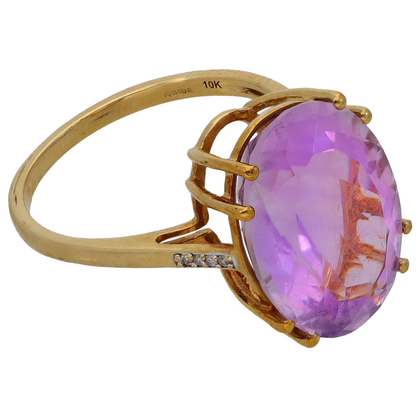9ct gold amethyst solitaire ring with large oval purple gemstone and small diamond accents