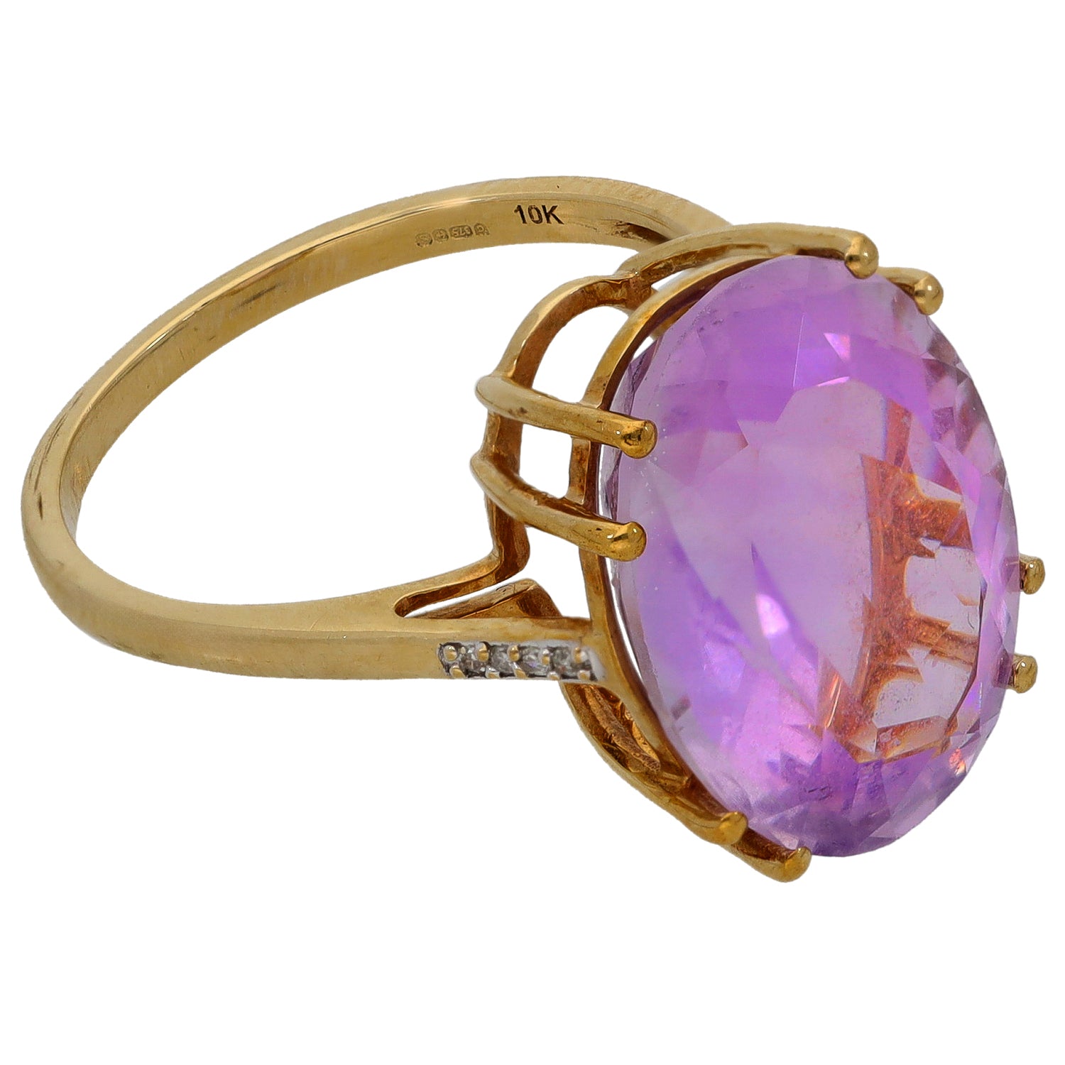 9ct gold amethyst solitaire ring with large oval purple gemstone and small diamond accents