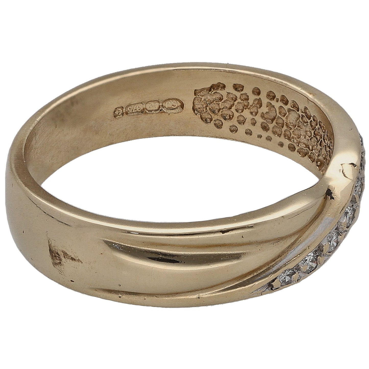 Yellow gold half-eternity ring, hallmark inside and round diamonds on band edge