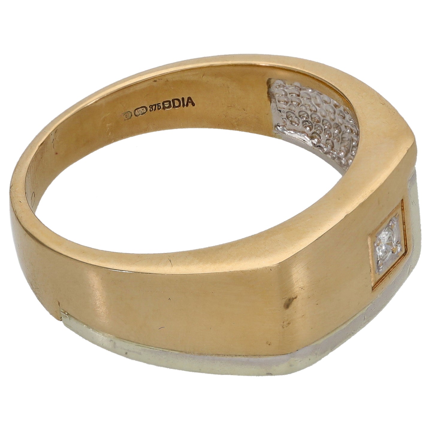 9ct Bicolour Gold 0.04ct Diamond Patterned Single Stone Signet Ring Size U