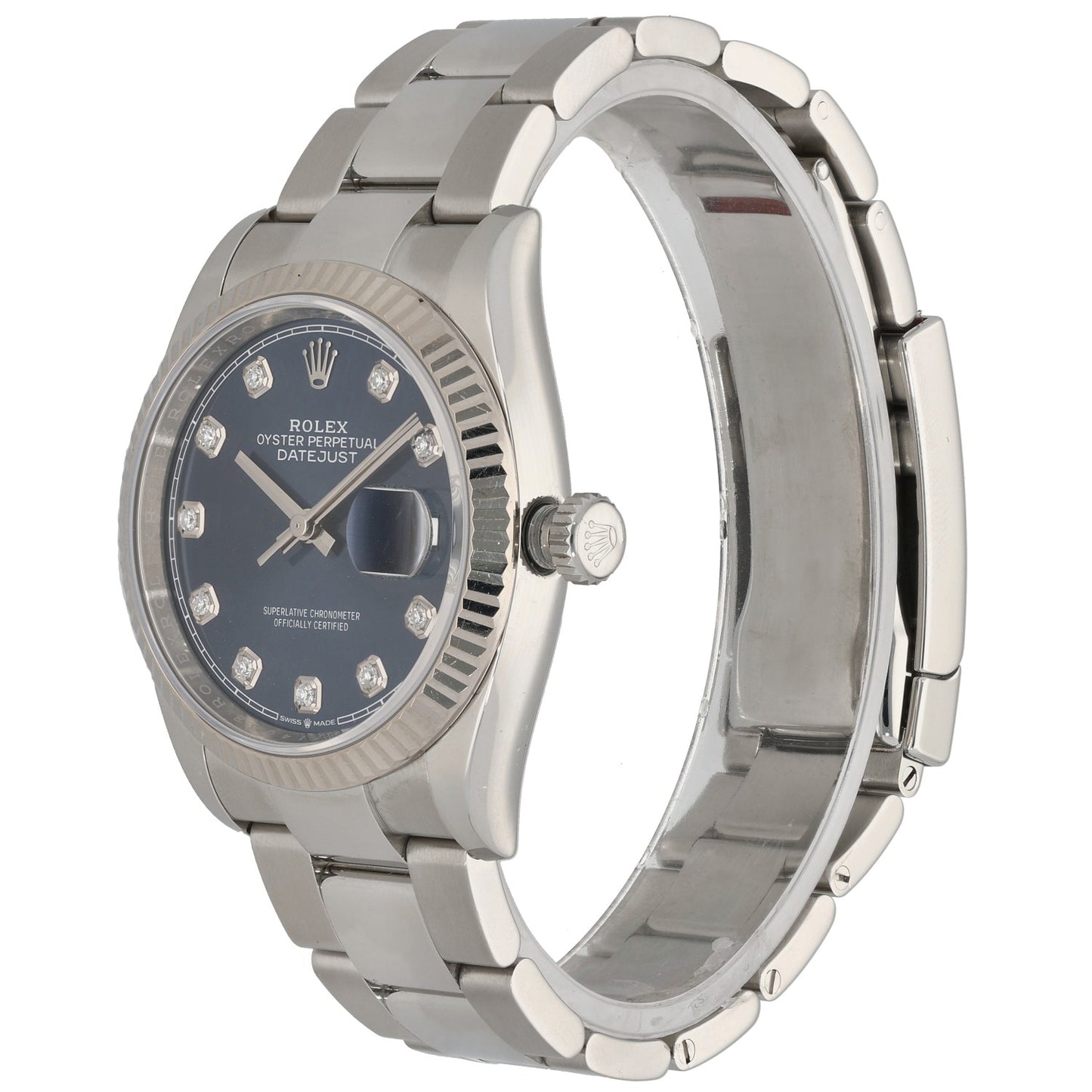 Stainless steel Rolex Oyster Perpetual 126234 watch side view, blue dial and crown