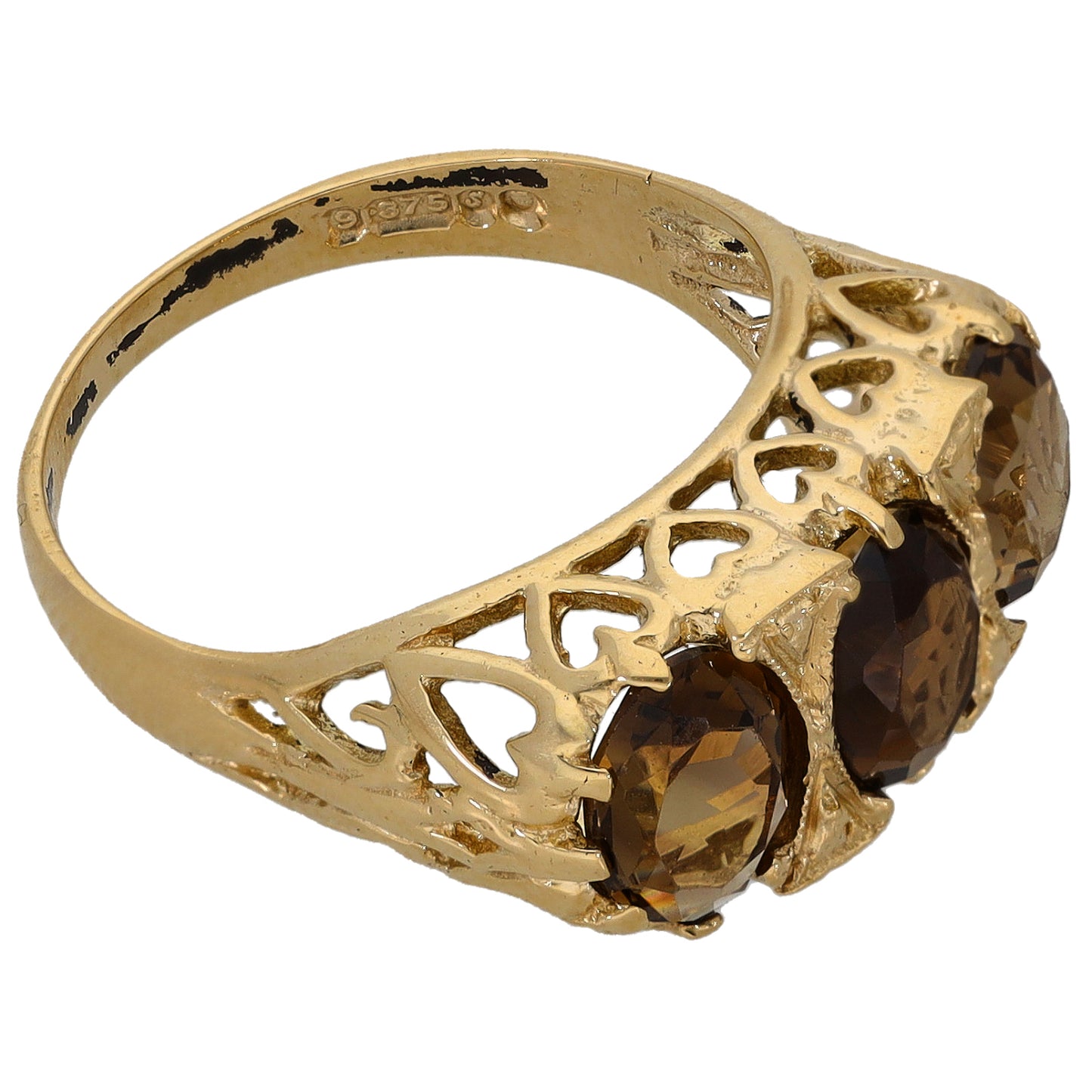 9ct Gold Smoky Quartz Three Stone Ring Size L