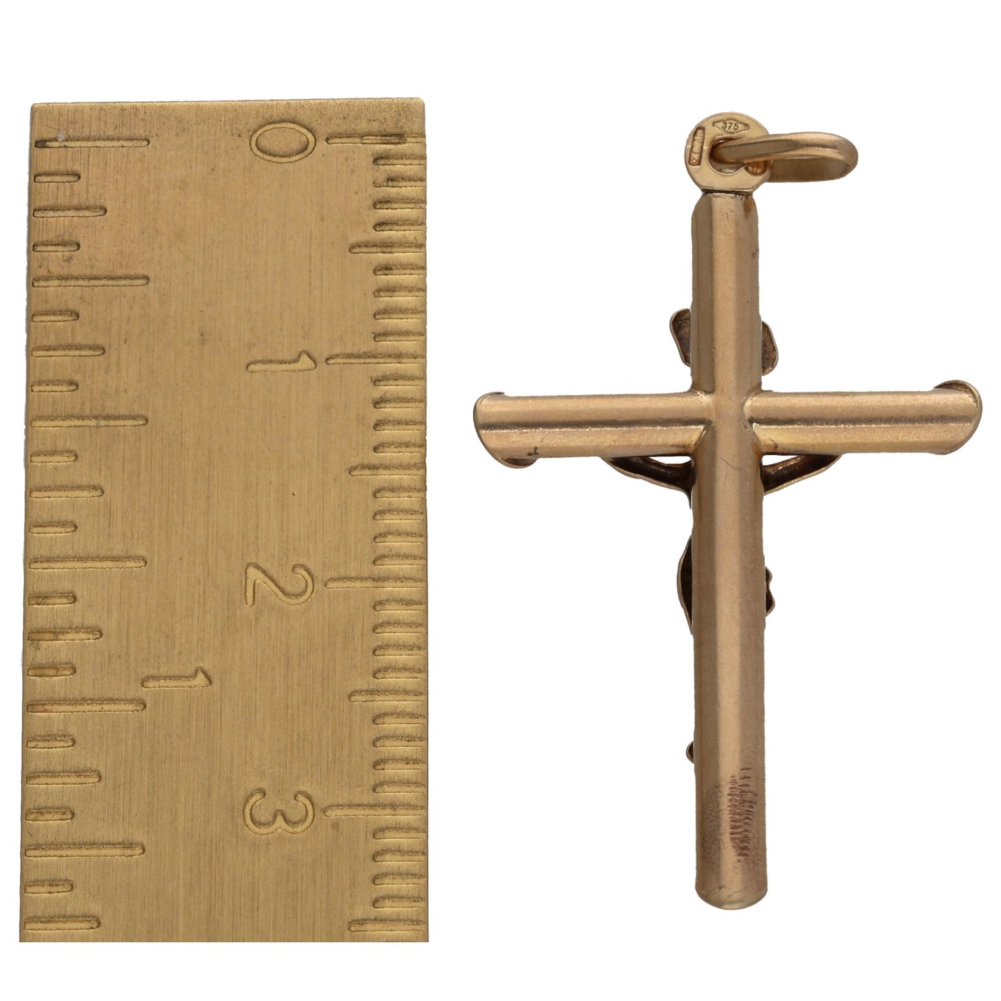 9ct gold crucifix cross pendant, side view with rounded bail and raised corpus figure