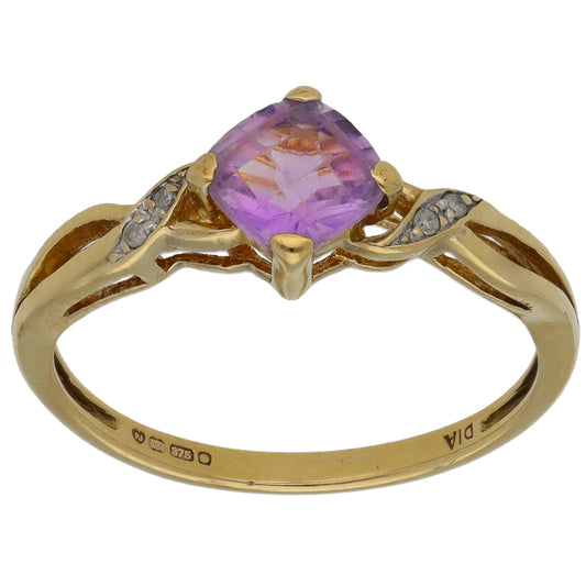 9ct Gold Amethyst & 0.02ct Diamond Single Stone Ring with Accent Stones Size P