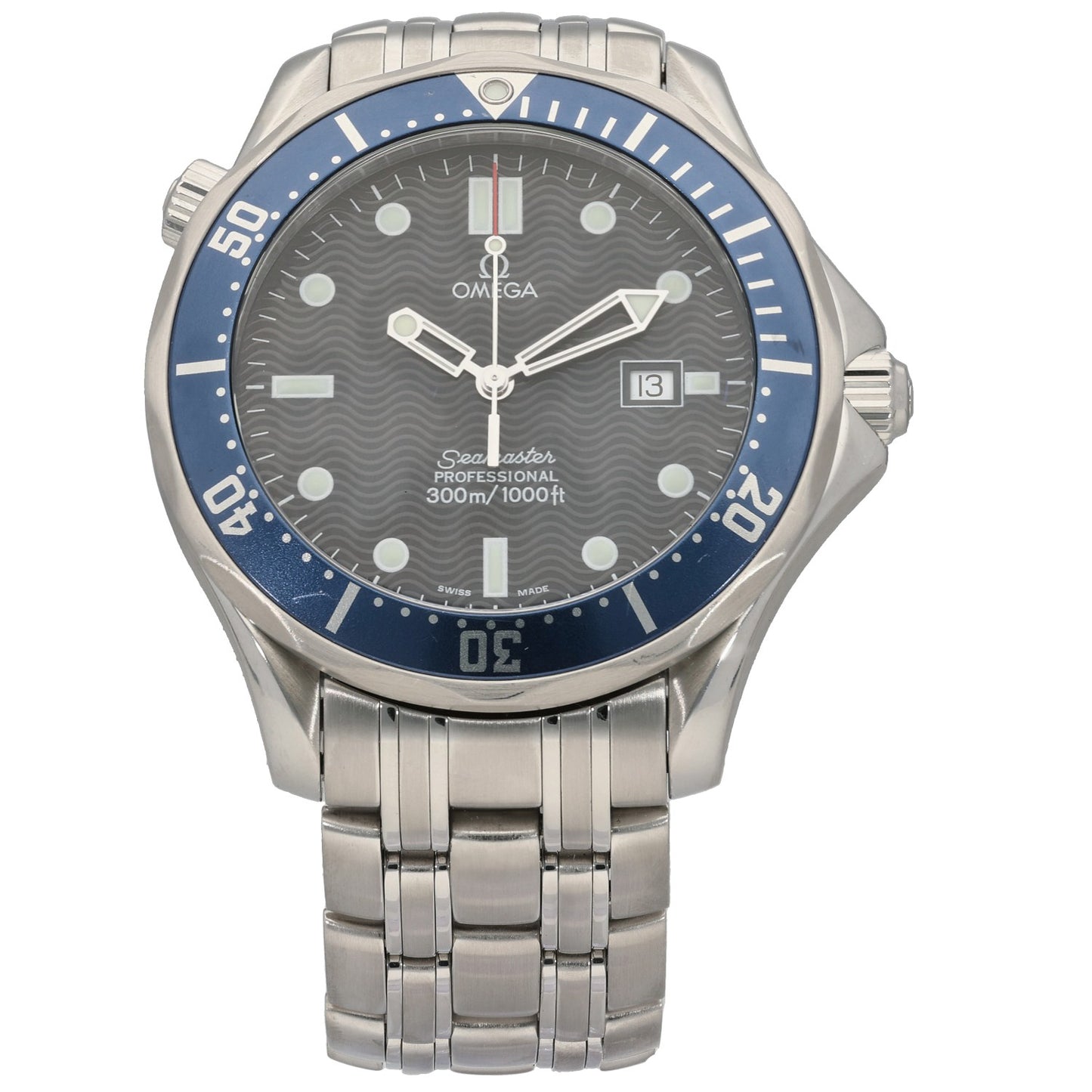 Omega Seamaster 2541.80.00 Stainless steel dive watch with blue bezel, blue dial, and 3 o'clock date window
