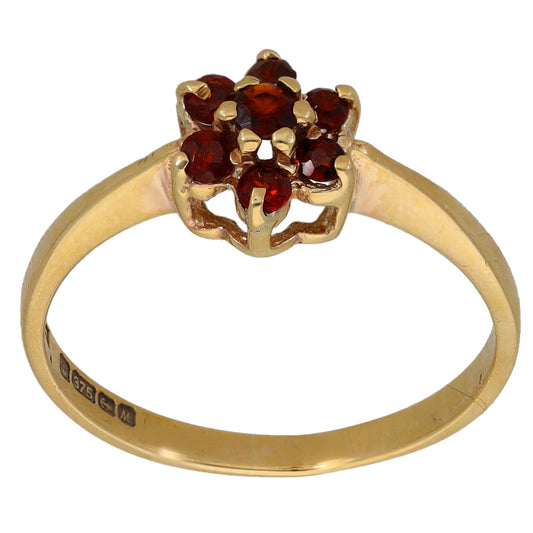 9ct gold garnet cocktail ring with clustered red gemstones, openwork setting