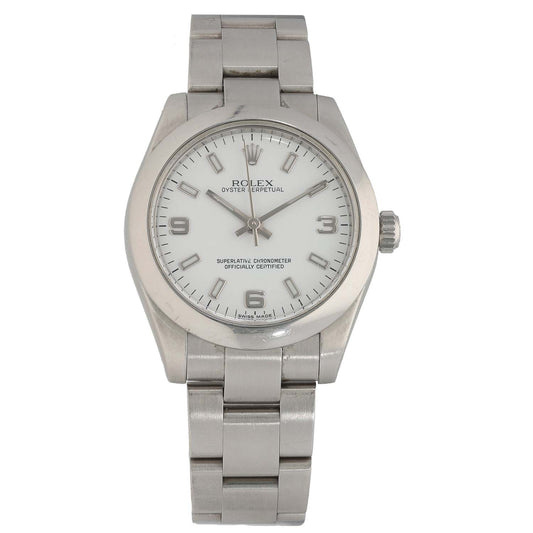 Stainless steel Rolex Oyster Perpetual 177200 watch with white dial and metal bracelet, 31mm