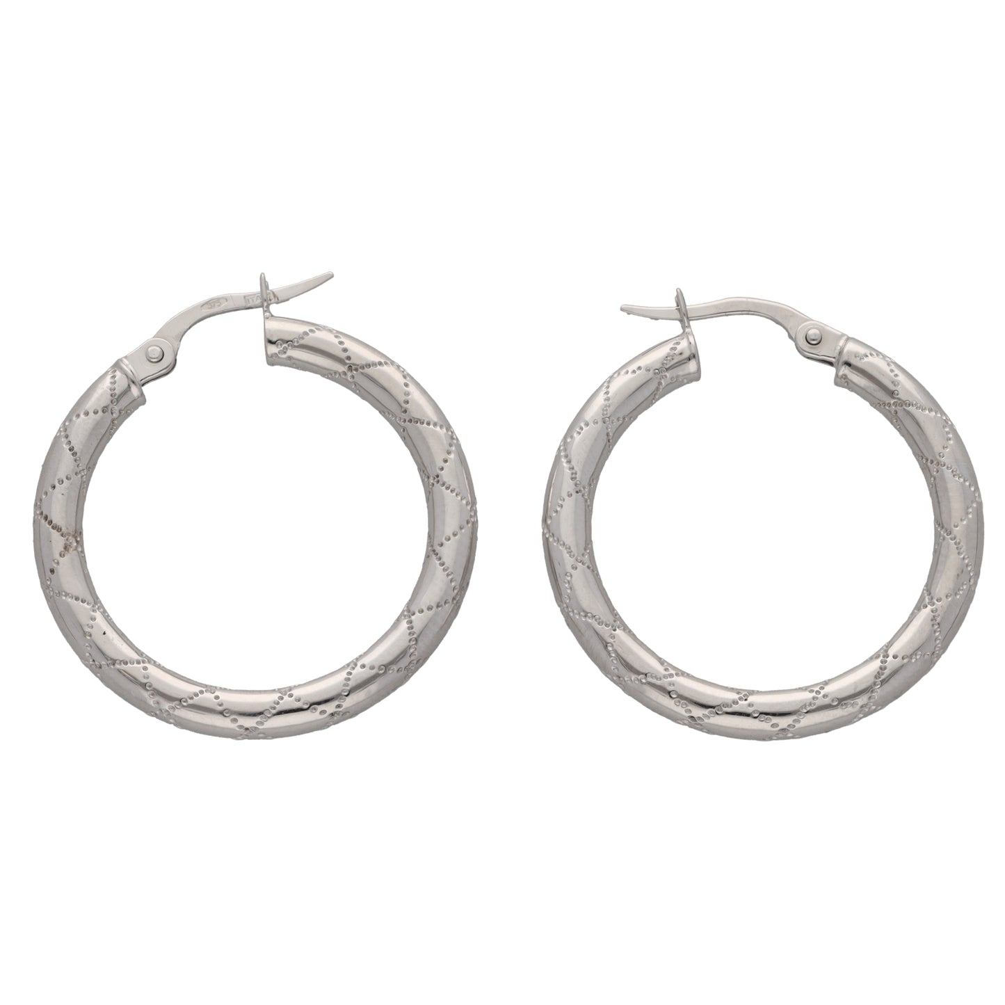9ct white gold hoop earrings with textured detailing and hinged post