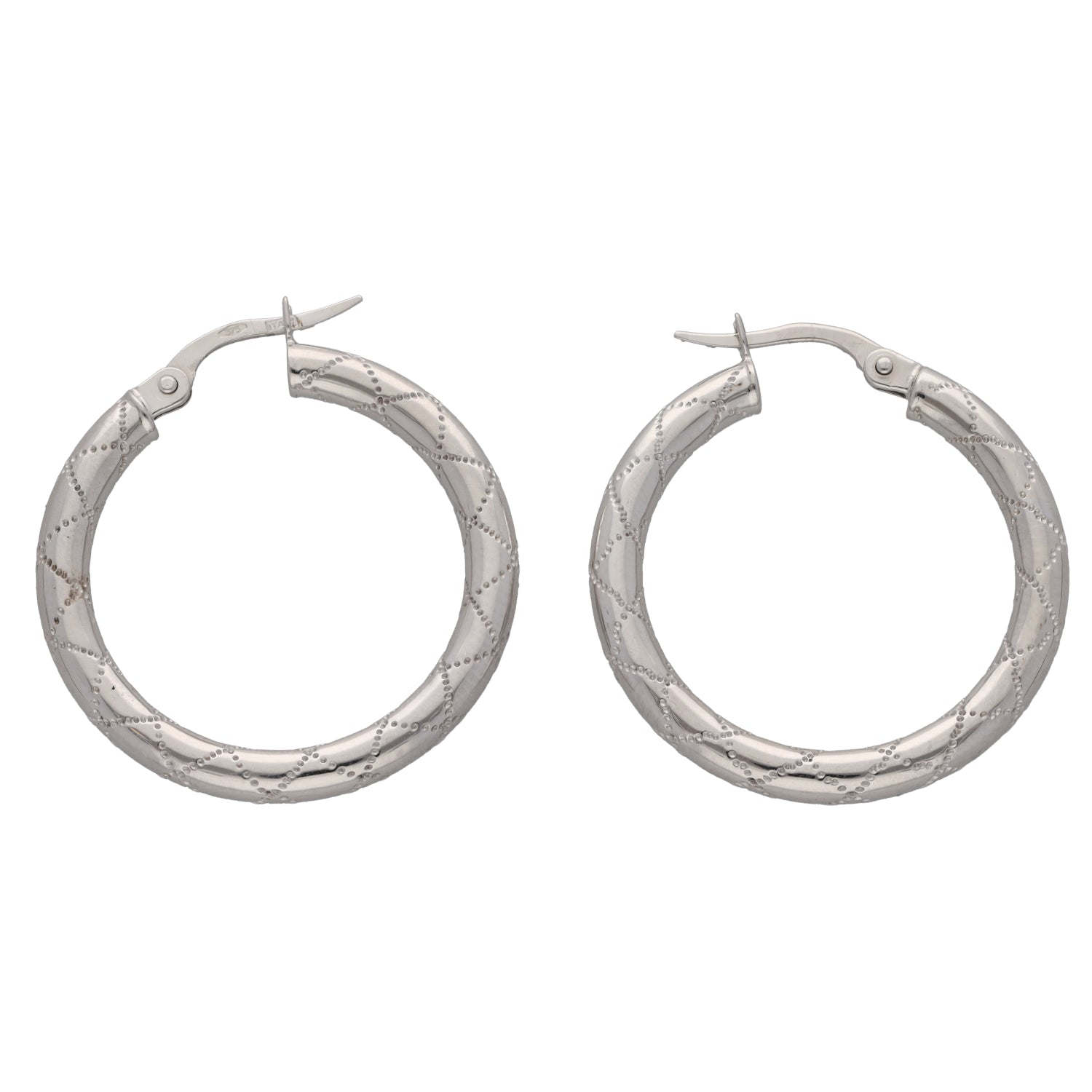9ct white gold hoop earrings with textured detailing and hinged post
