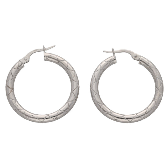 9ct white gold hoop earrings with textured detailing and hinged post