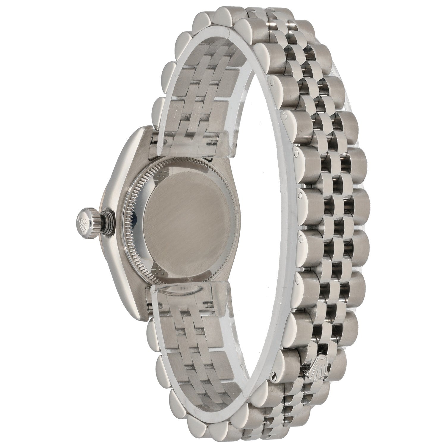 Rolex Datejust 179174 stainless steel watch caseback view with jubilee bracelet and crown