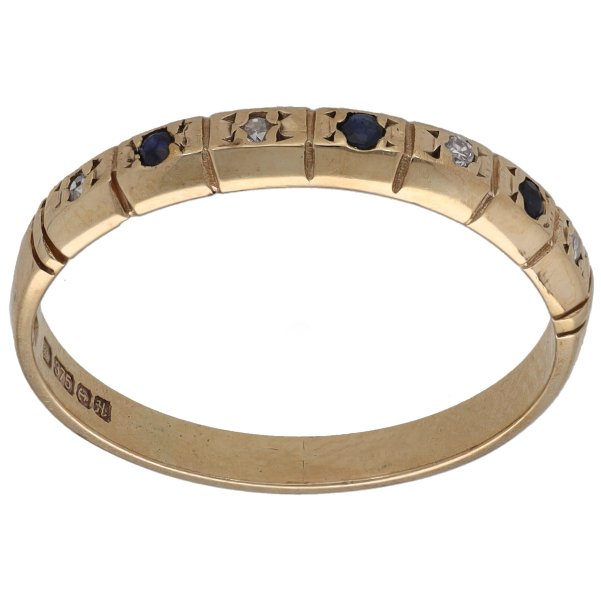 9ct gold half eternity ring with sapphire and round diamond settings