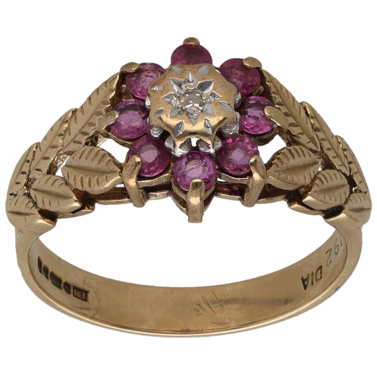 9ct Gold Ruby & 0.005ct Diamond Dress/Cocktail Ring Size L
