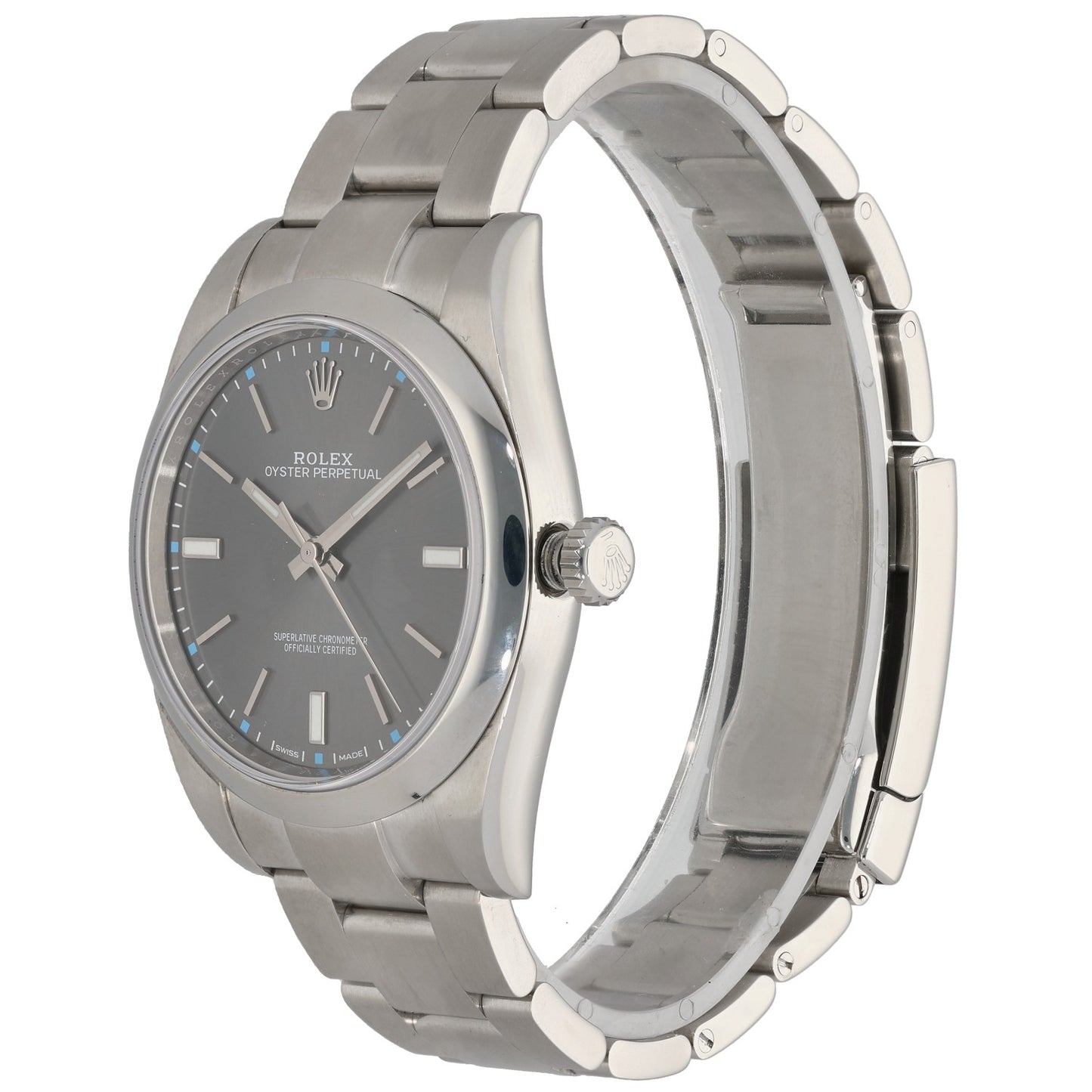 Rolex Oyster Perpetual 114300 stainless steel watch case with blue dial and side crown