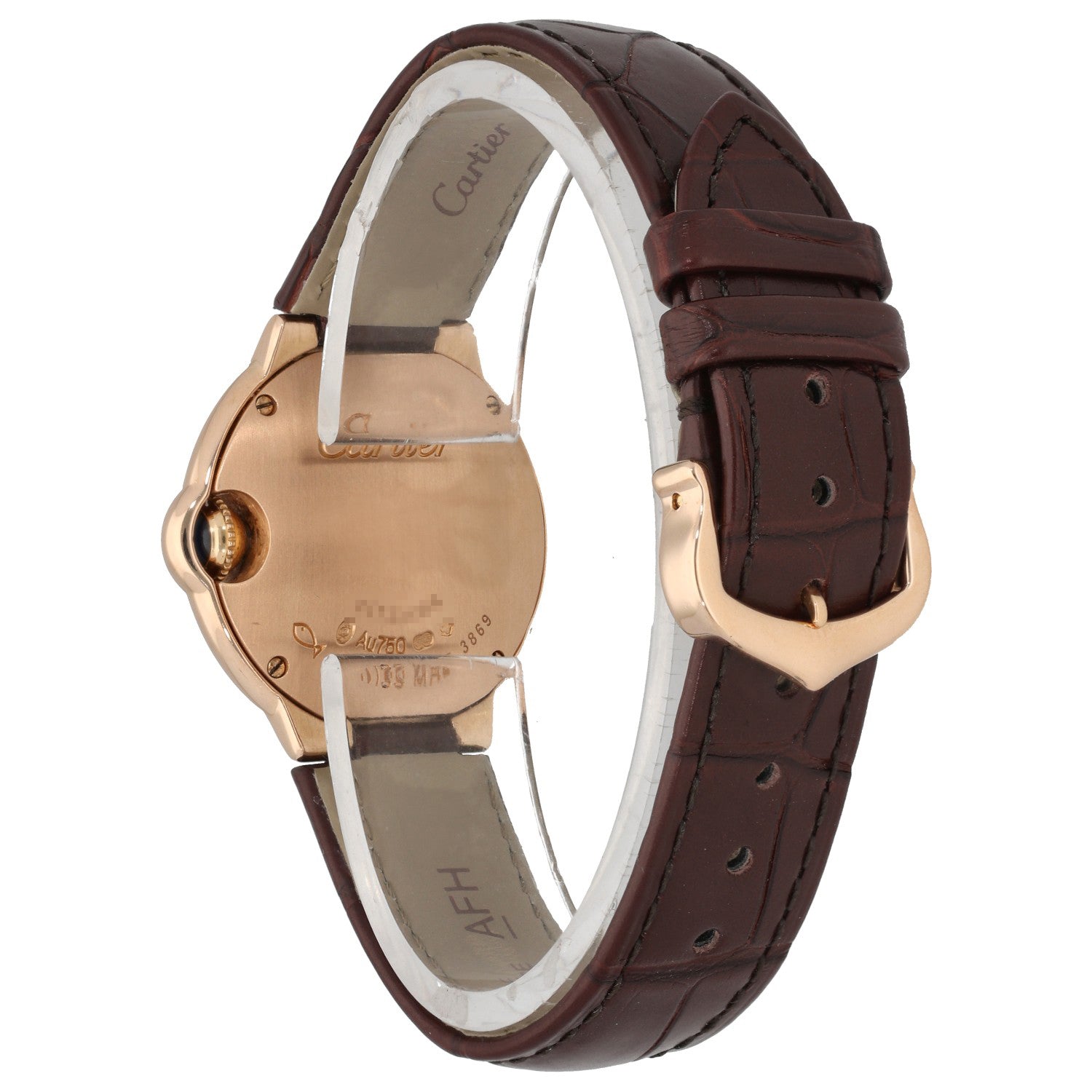 Cartier Ballon Bleu WGBB0007, white dial inside a 28mm gold case on a brown leather bracelet, rear and caseback image