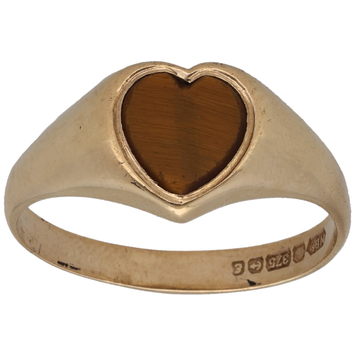 Gold signet ring with brown heart gemstone bezel and engraved band