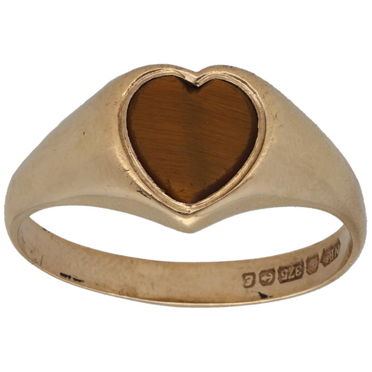 Gold signet ring with brown heart gemstone bezel and engraved band