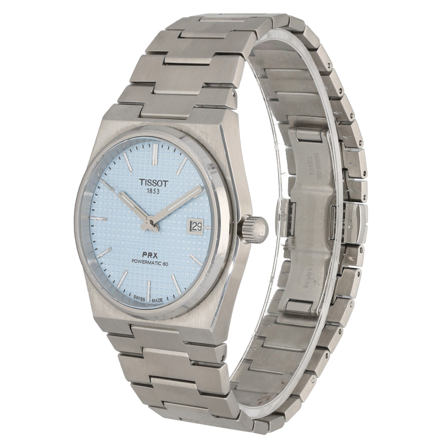 Tissot PRX Powermatic 80 T137407A, light blue dial with tapisserie pattern, stainless steel case and bracelet.