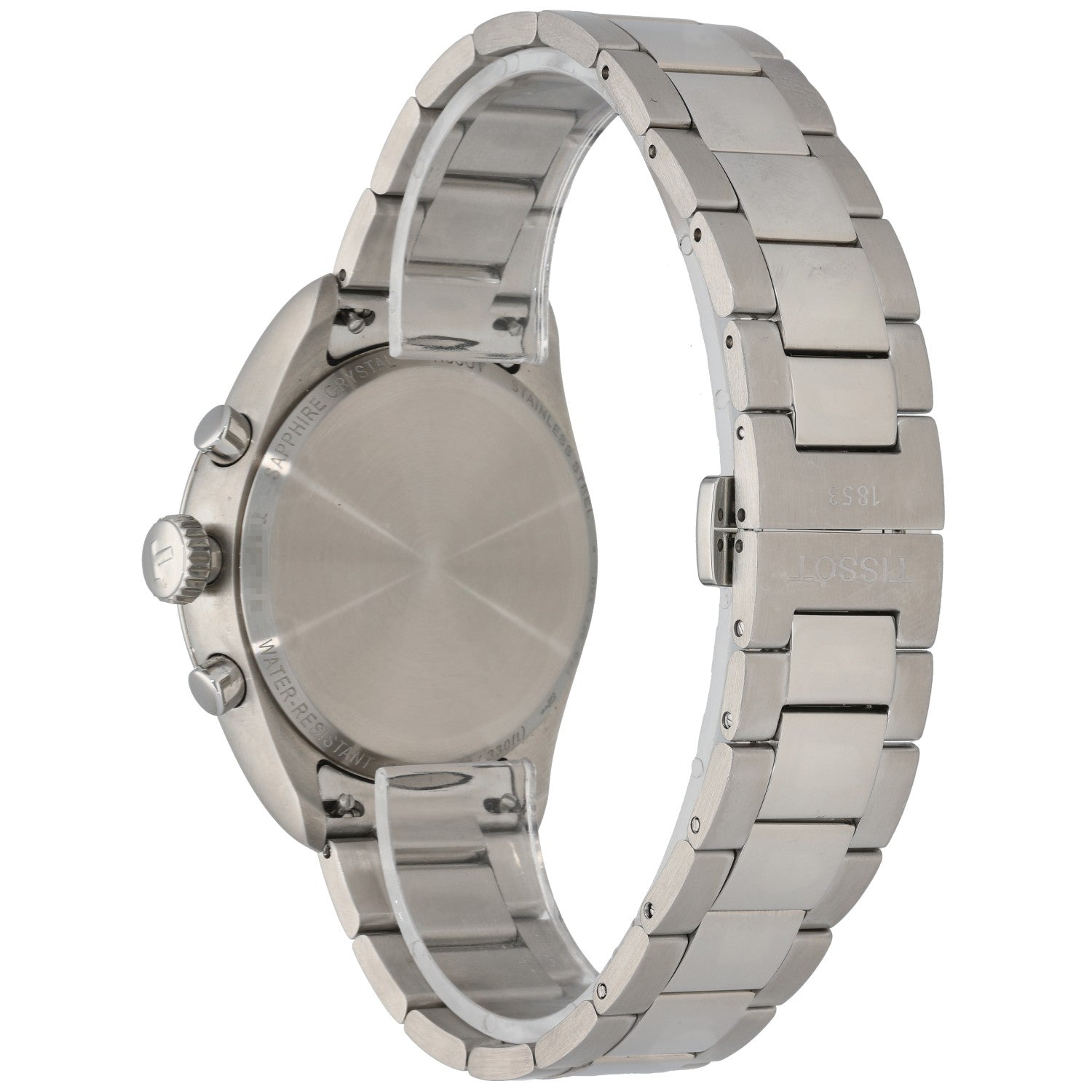 Tissot PR 100 T150417A Stainless steel wristwatch with round gray dial and linked metal bracelet, side view