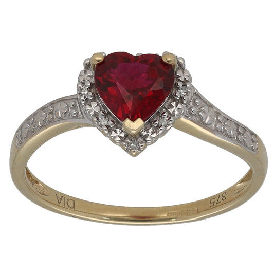 9ct Gold 0.04ct Diamond & Man Made Ruby Dress/Cocktail Ring Size O