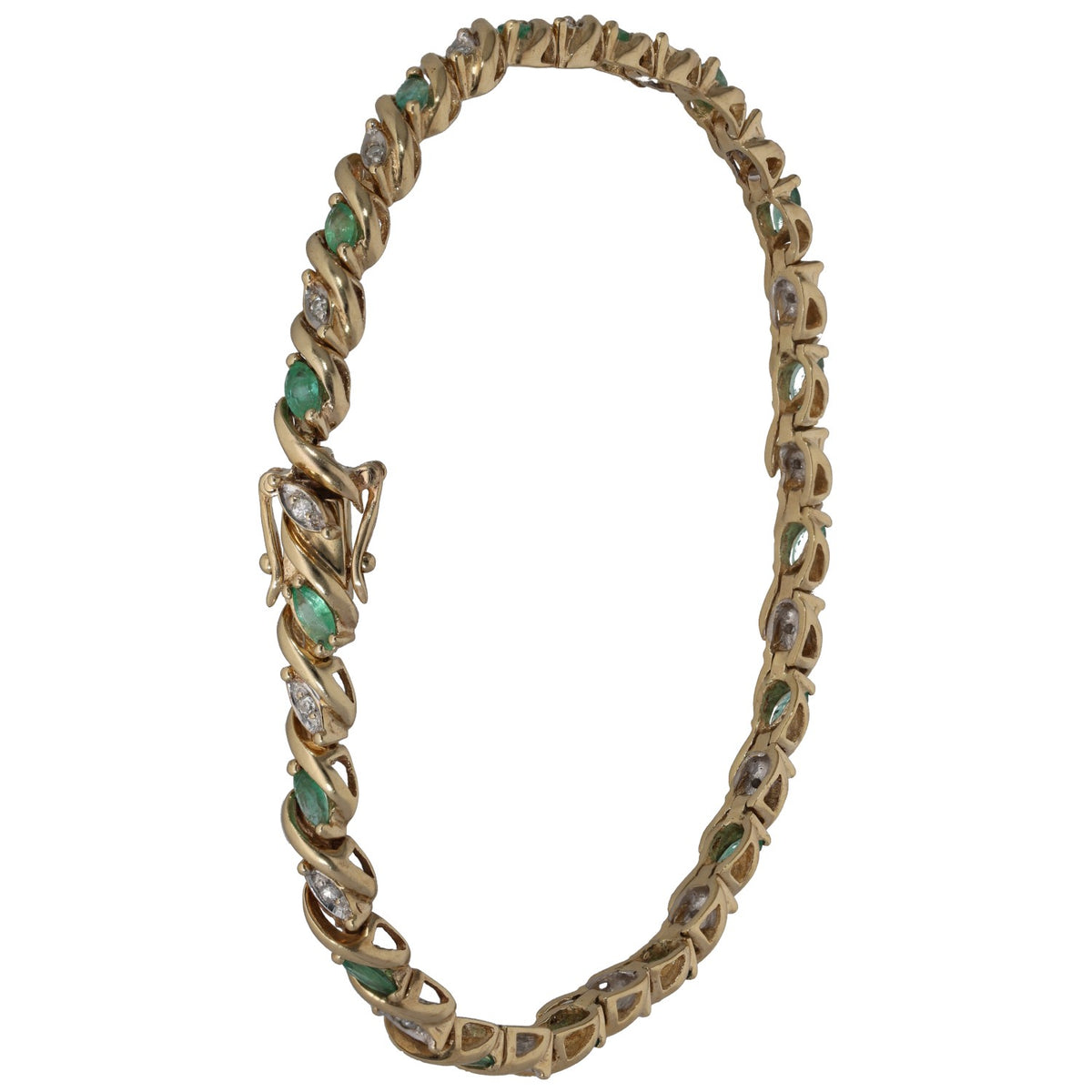 Bicolour gold bracelet with oval links, emerald-green stones and round diamond accents