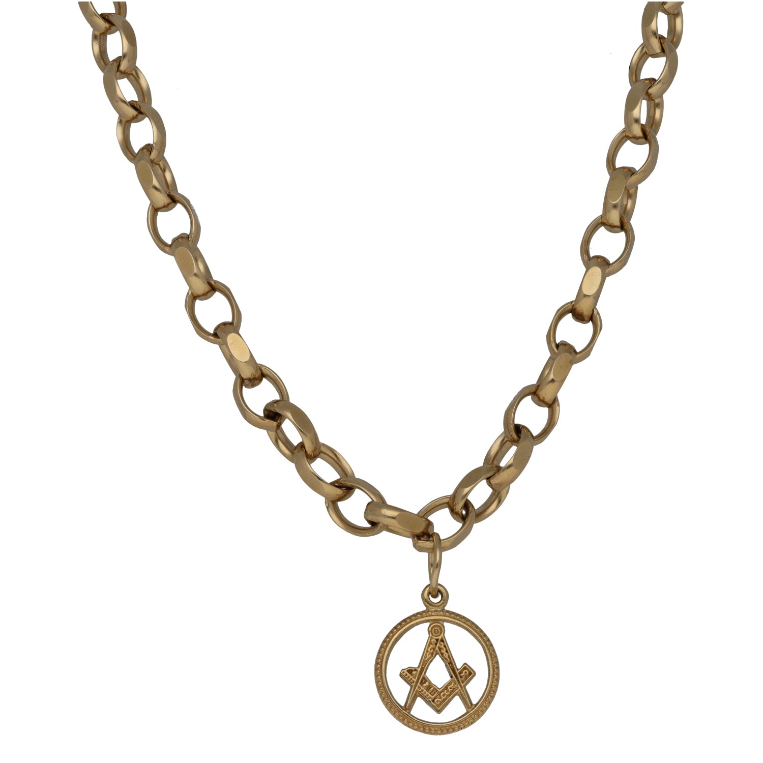 Gold-tone chain with round pendant and interlaced emblem