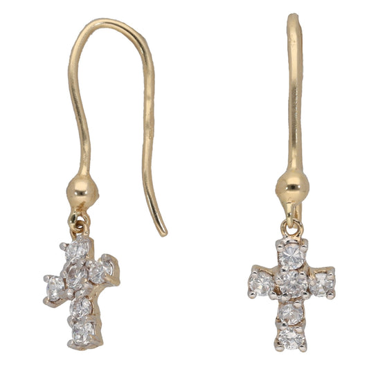9ct Gold Cubic Zirconia Drop Cross Earrings