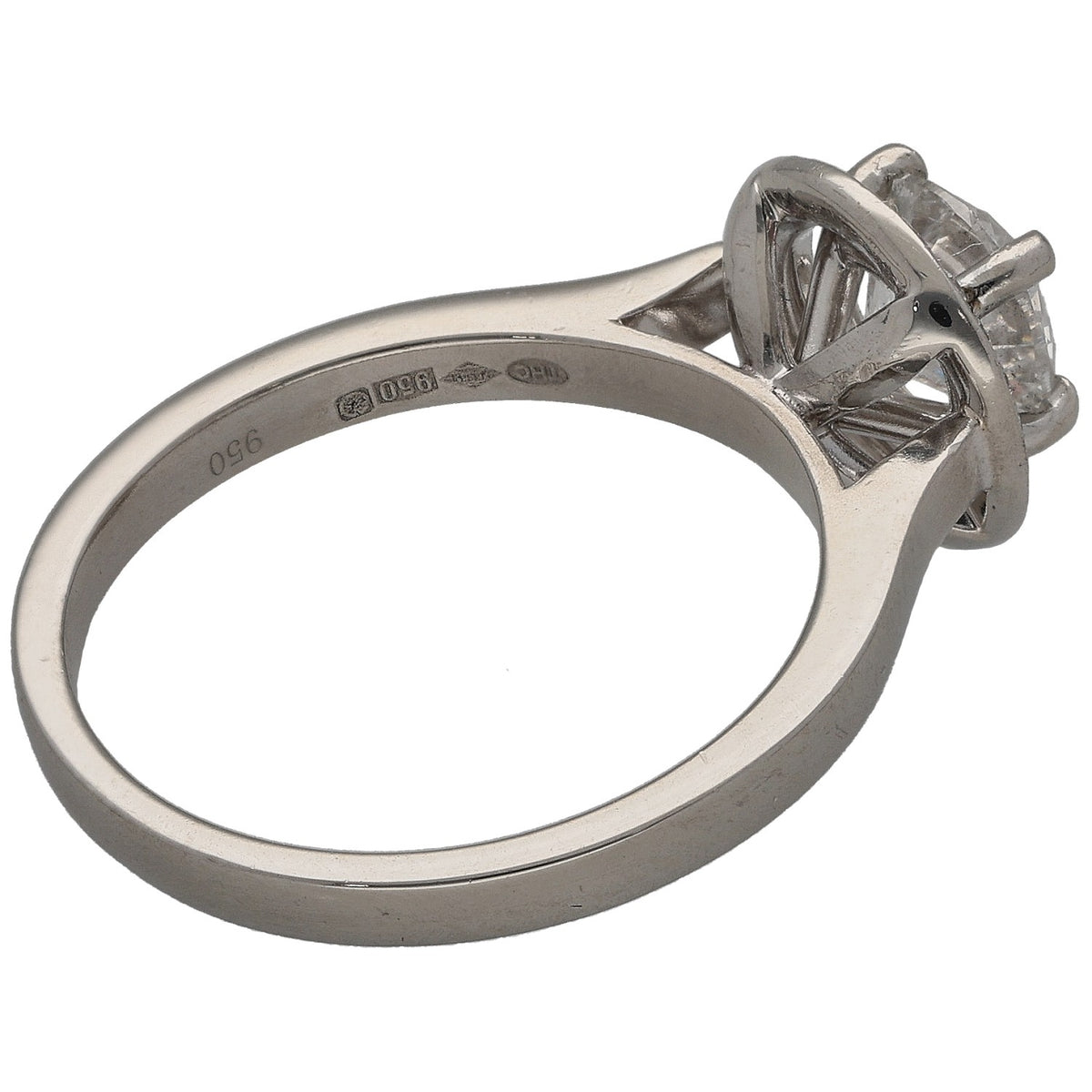 Platinum diamond ring band with maker stamp and prong-set round cluster