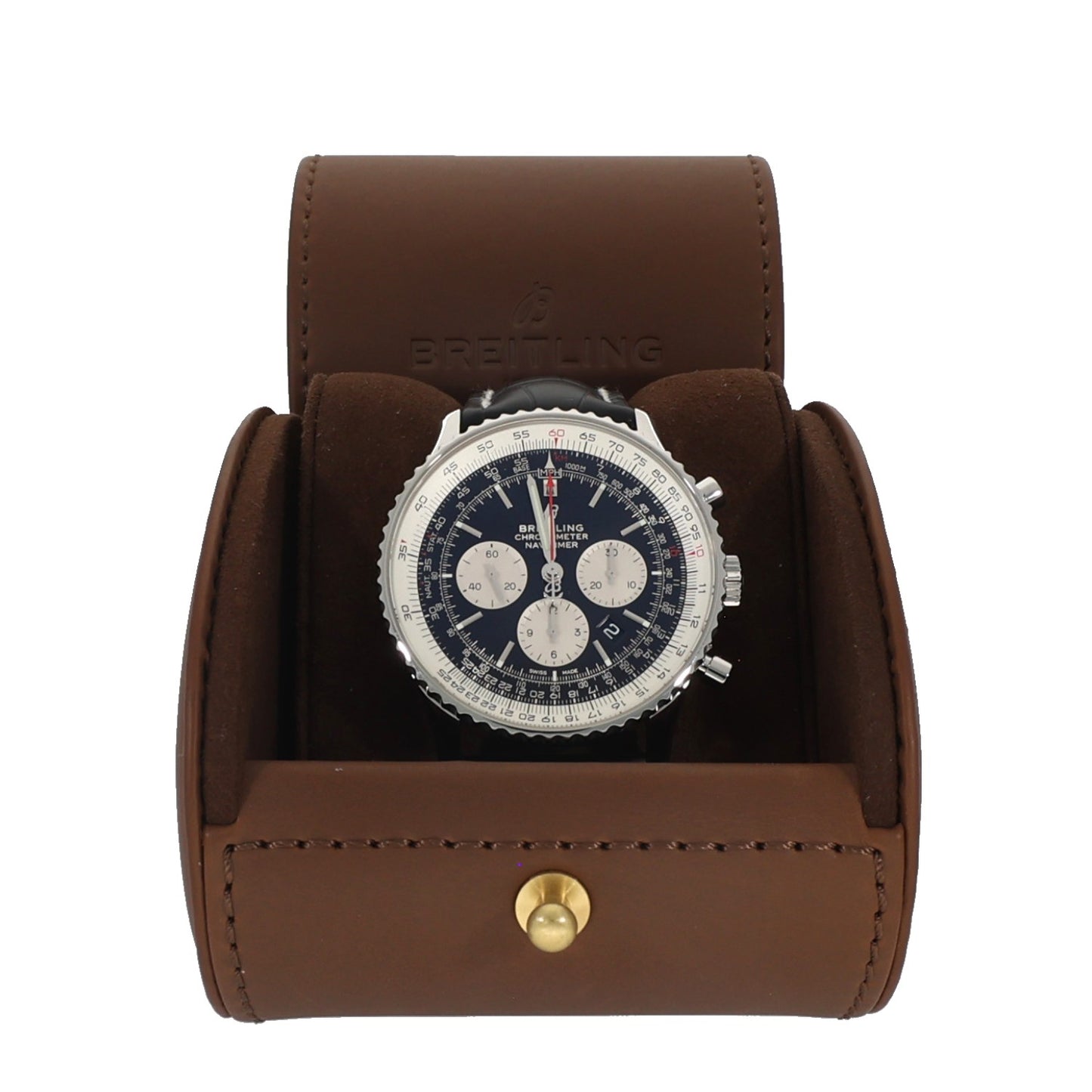 Breitling Navitimer B01 AB0127 Chronograph watch on brown leather storage case with blue dial and black strap