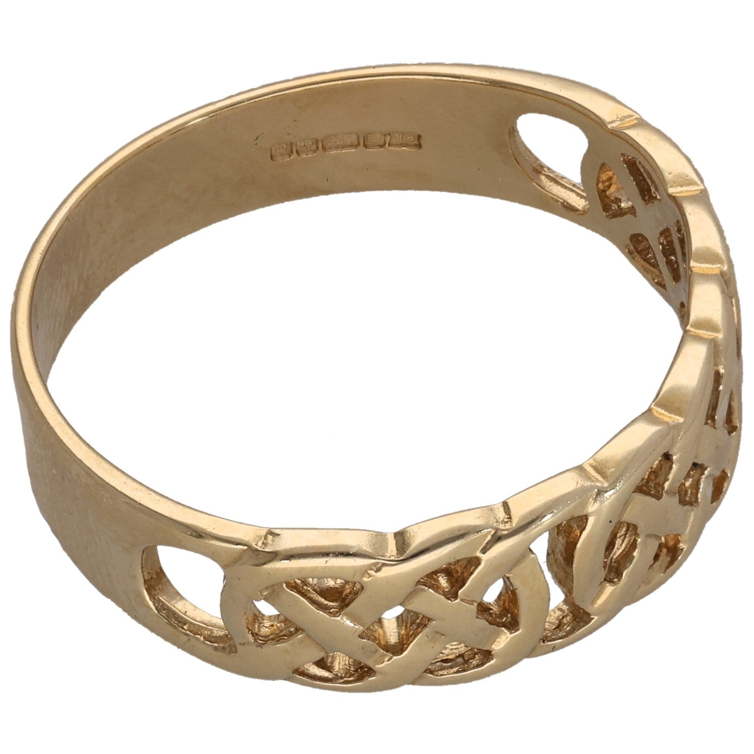 Gold tone ring size Y with engraved inside band and raised celtic lattice edge