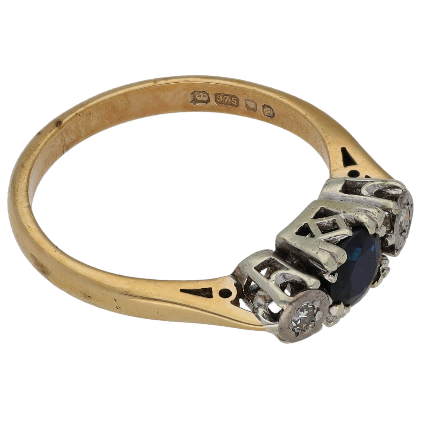 9ct Gold Sapphire & 0.06ct Diamond Trilogy Ring Size L