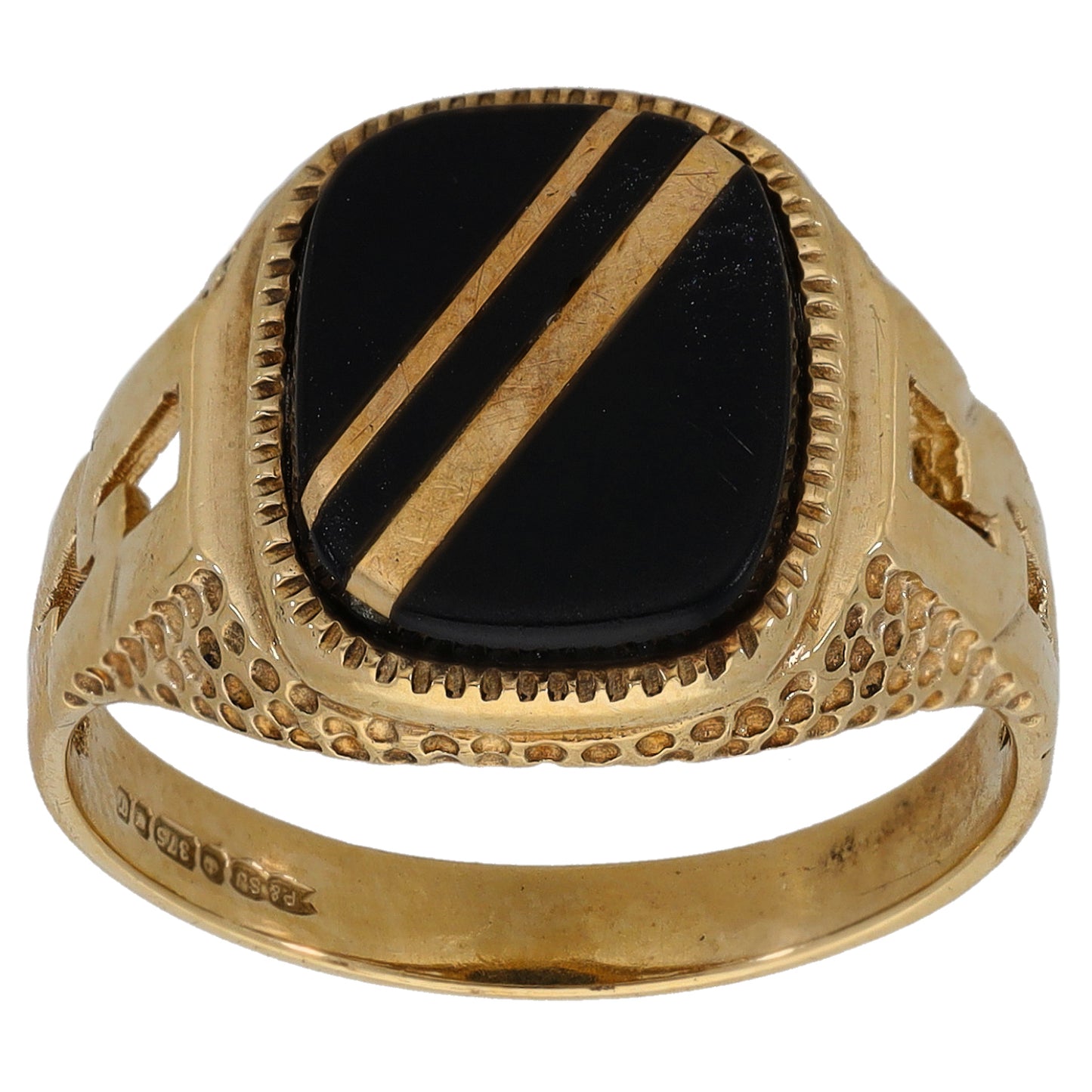 9ct Gold Onyx Patterned Signet Ring Size Q