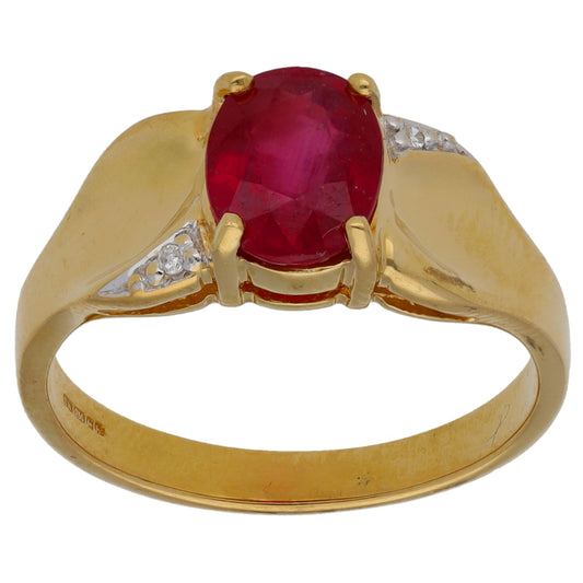 18ct Gold Ruby & 0.01ct Diamond Single Stone Ring With Accents Size N