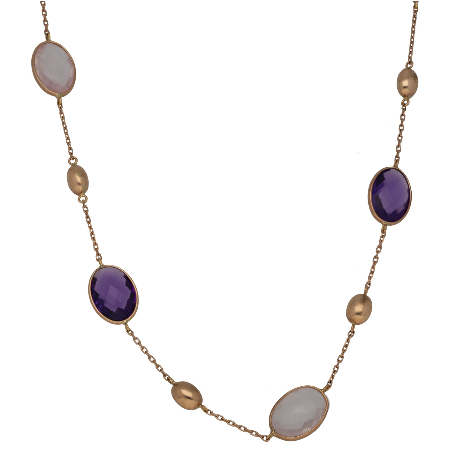 Rose gold oval gemstone fancy necklace with dark purple and pale pink stones