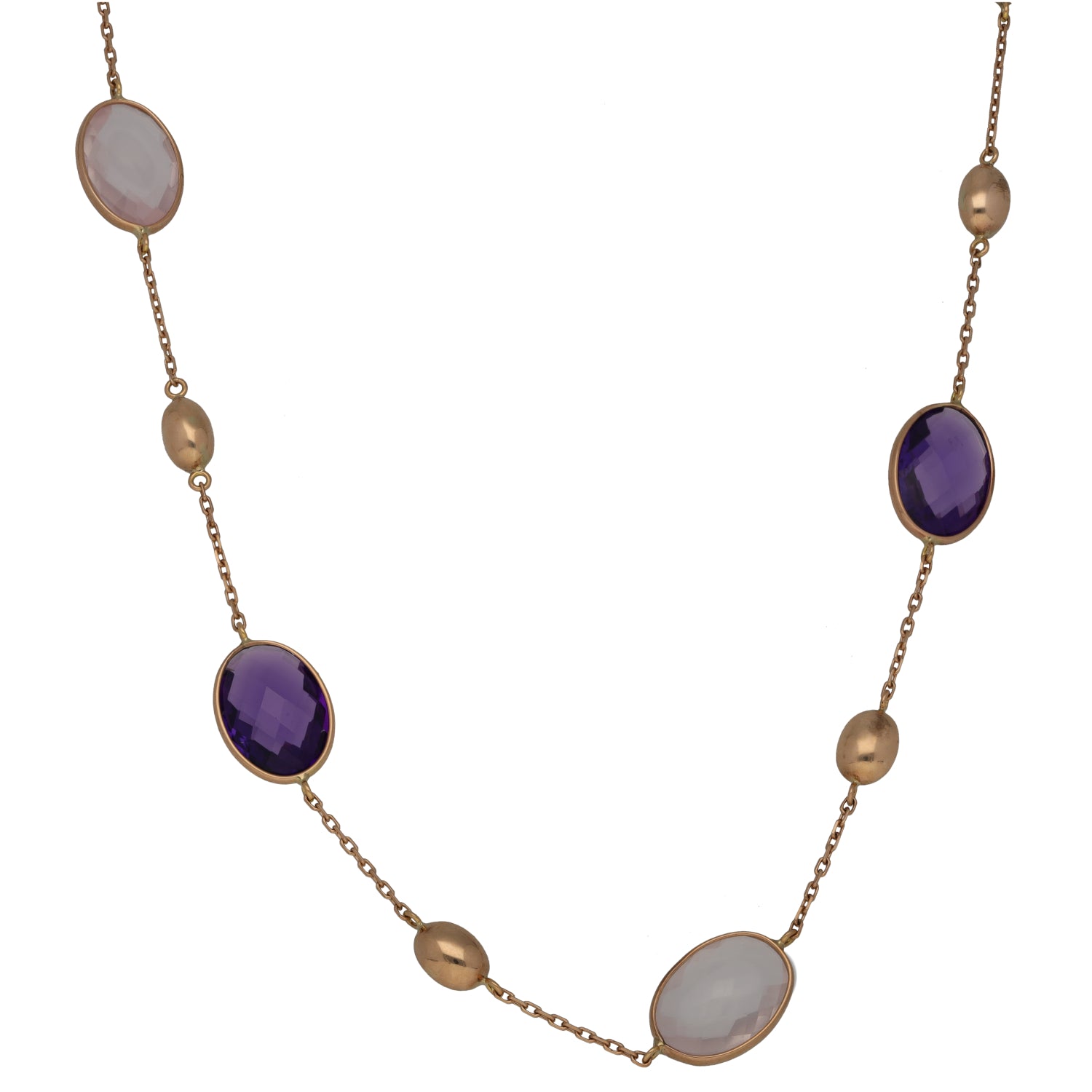 Rose gold oval gemstone fancy necklace with dark purple and pale pink stones