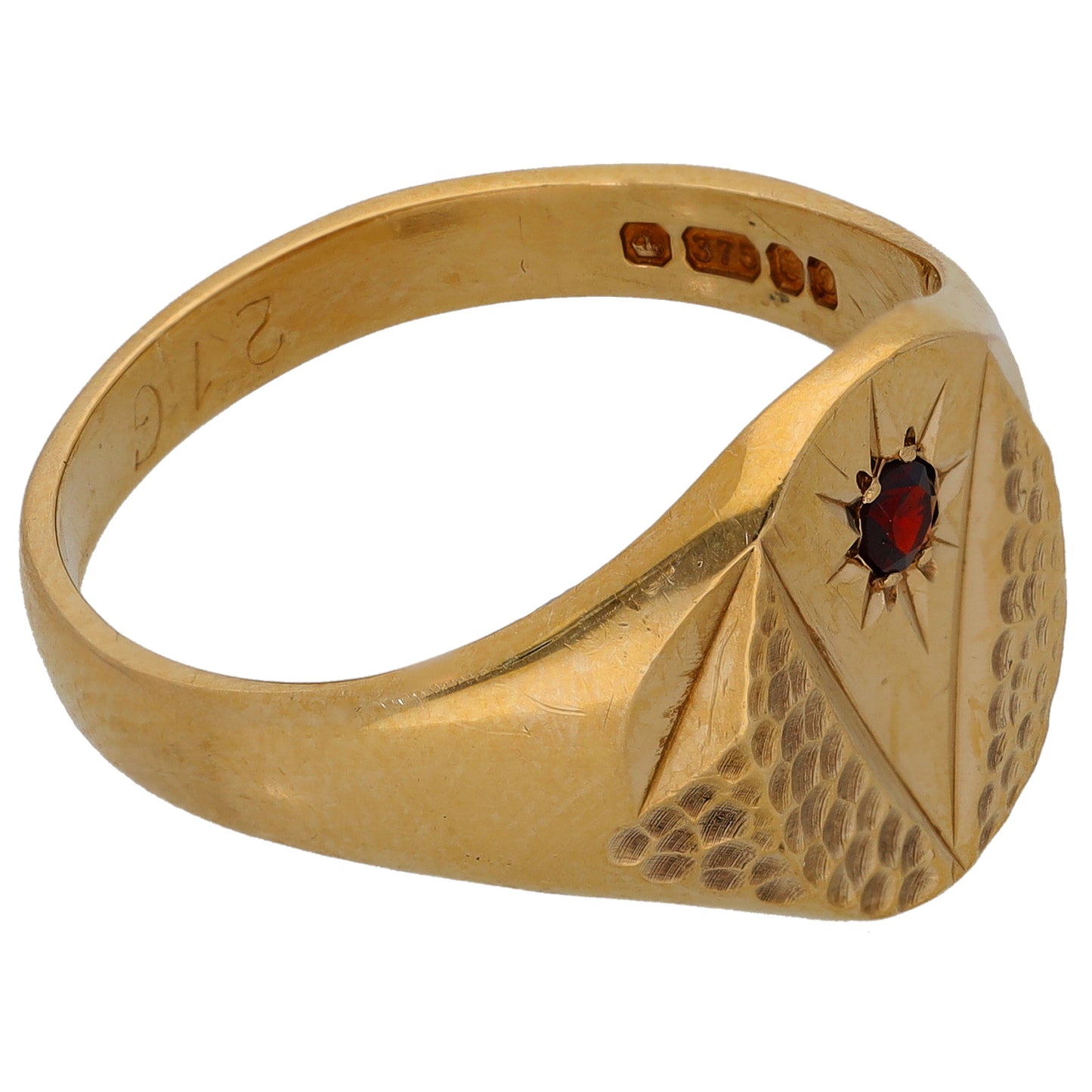 9ct Gold Garnet Patterned Single Stone Signet Ring Size W