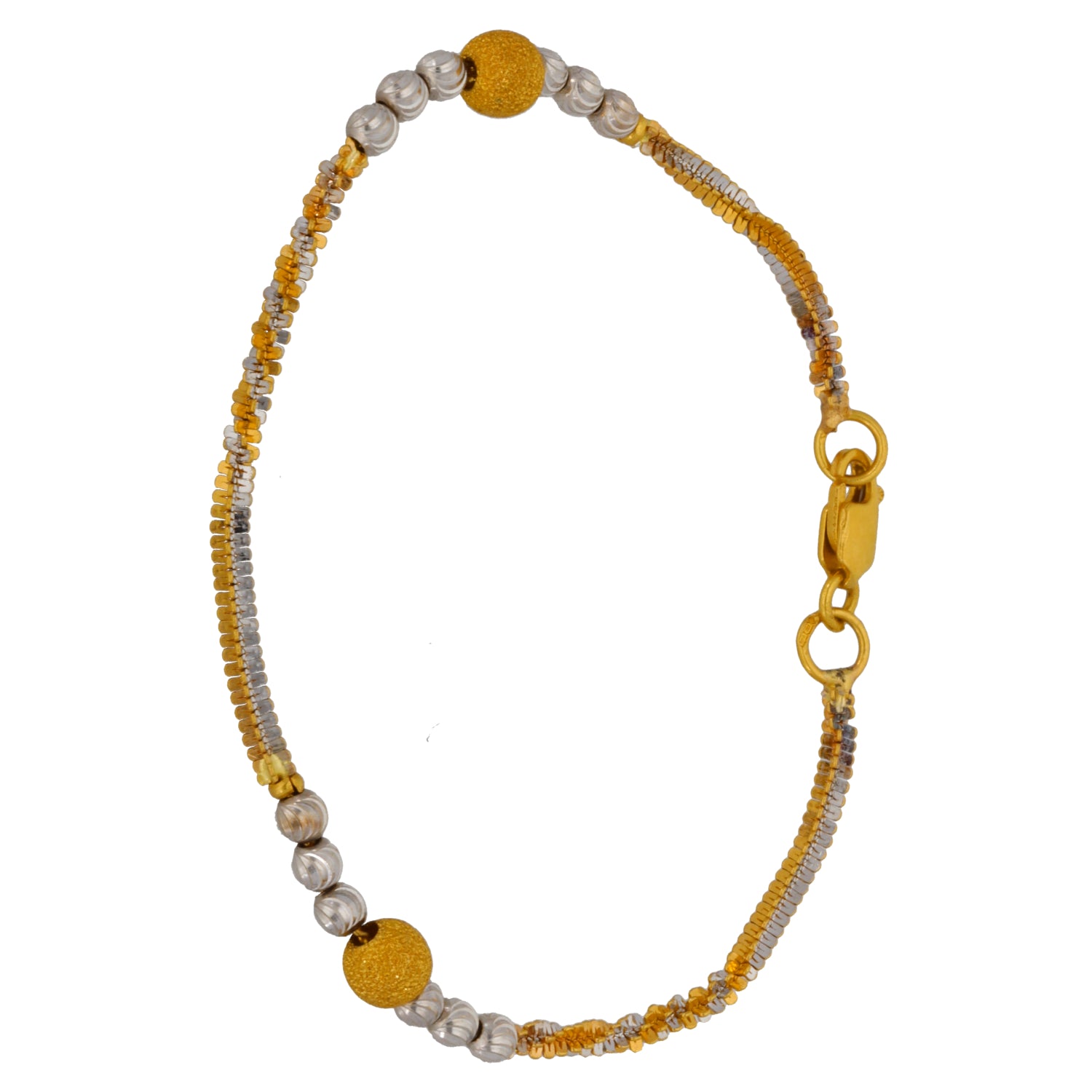 22ct Gold and silver beaded bracelet with textured round charms and oval gold clasp