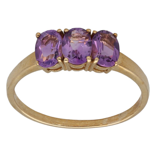 9ct Gold Amethyst Three Stone Ring Size R