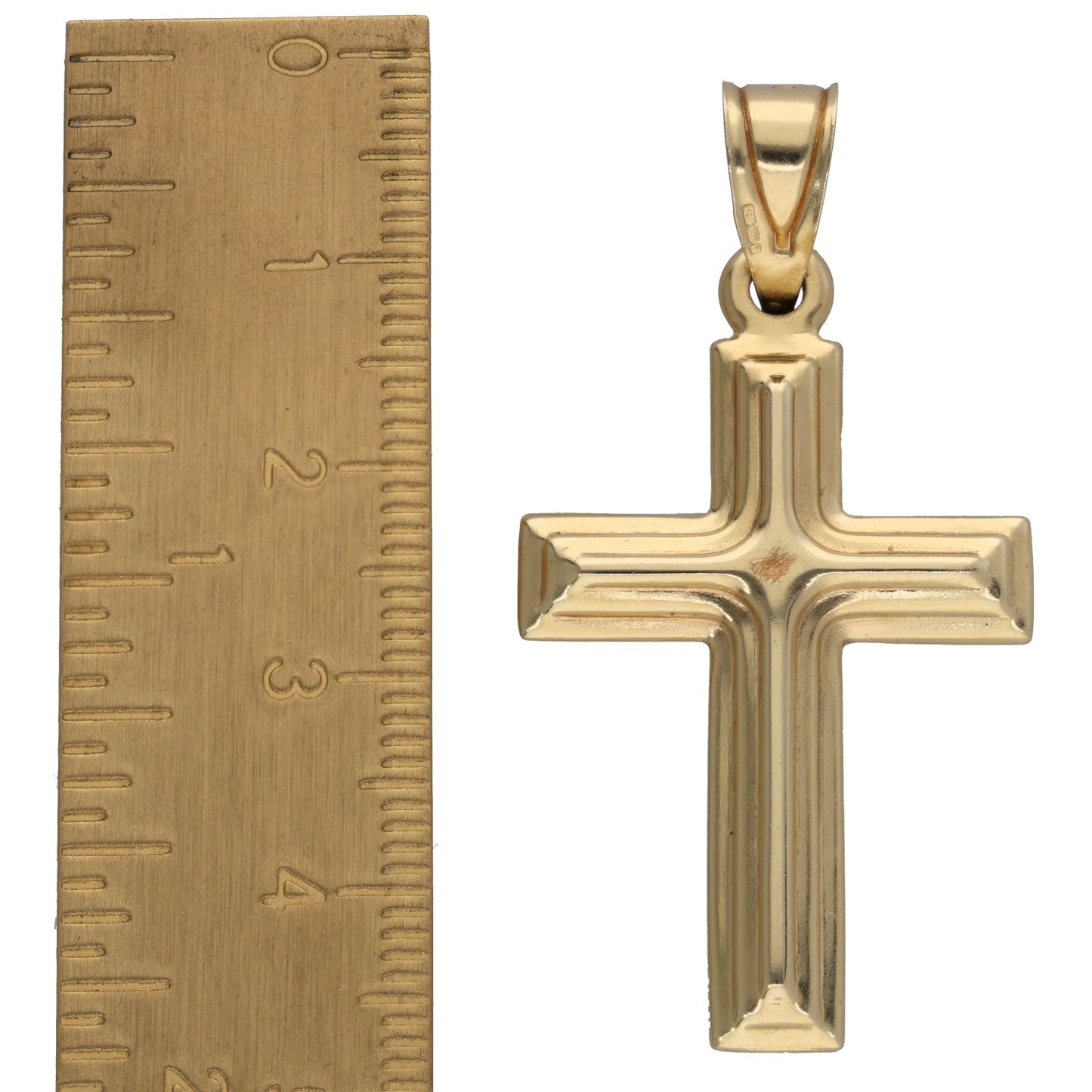 14ct gold cross pendant shown with side profile beside measuring scale