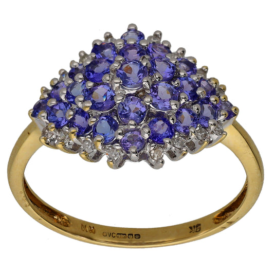9ct gold cocktail ring with purple tanzanite cluster and round diamonds